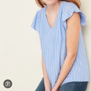 Old Navy Light Blue & White Striped Flutter Sleeve V-Neck Tank